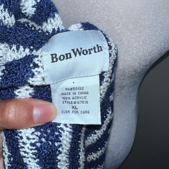 Bon Worth Blue White Boho Fringe Knit Long Maxi Kimono Cardigan Women's L - Picture 4 of 5